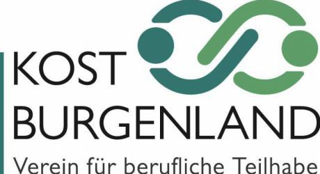 Logo der KOST Burgenland: Verein für berufliche Teilhabe; schwarze Schrift mit türkis-grünen Stilelementen.