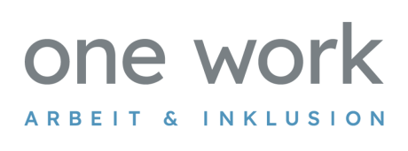 Logo von one work, Arbeit & Inklusion; graue und blaue Schrift